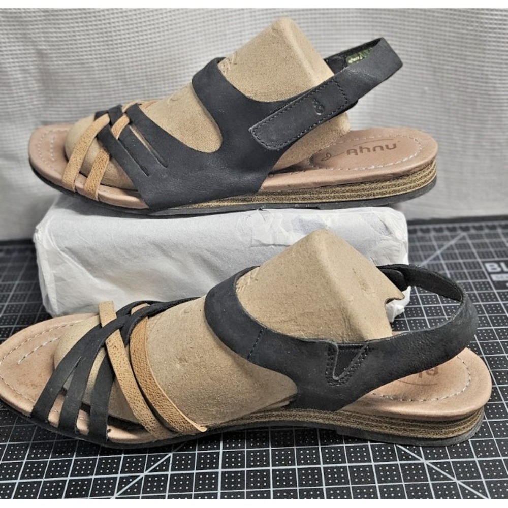 Ahnu Saratoga Size 10 Black‎ Tan Leather Sandals Strappy Gladiator Open Toe